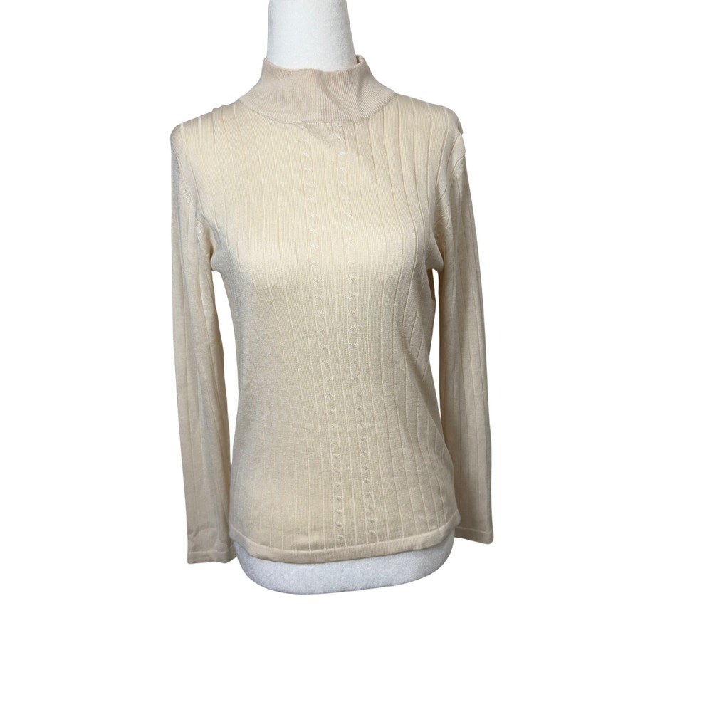 Anna Gray Ivory 100% Silk Ribbed Mock Neck Sweater Long Sleeve Petite Medium